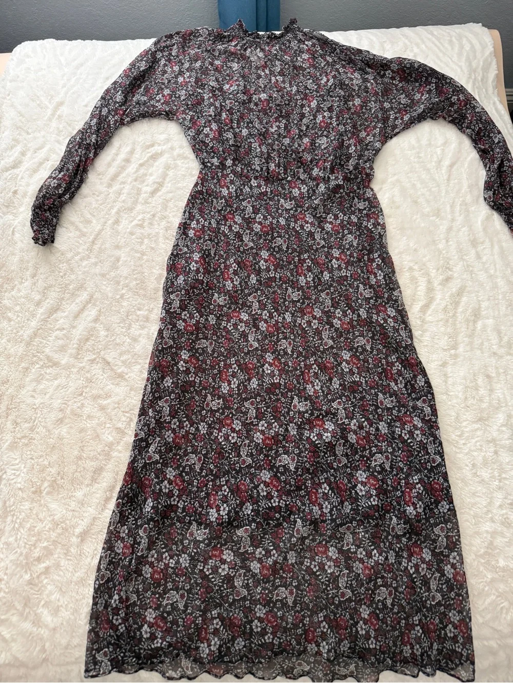 Veronica Beard Felice Silk Floral Midi Dress Sheer Long Sleeve Mock Neck 6 - Picture 3 of 11